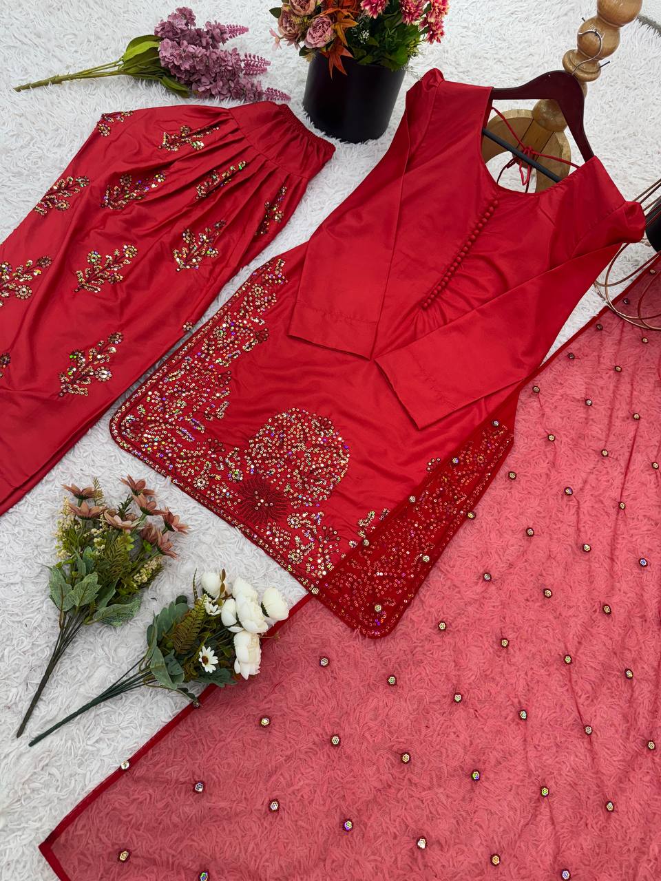 Party Wear Red Color Pure Natural Crep Silk With Embroidery Sequence Work Salwar Suit