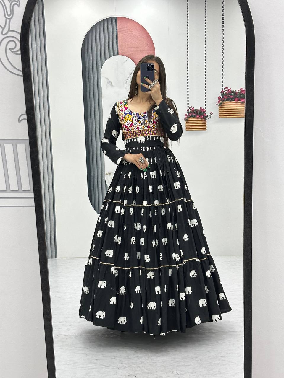 Navratri Wear Black Color Pure Cotton And Embroidery Gamathi Work Designer Gown