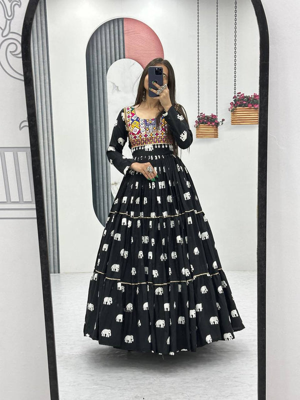 Navratri Wear Black Color Pure Cotton And Embroidery Gamathi Work Designer Gown