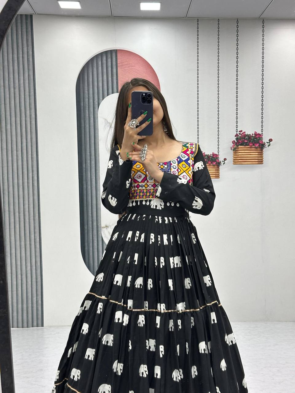 Navratri Wear Black Color Pure Cotton And Embroidery Gamathi Work Designer Gown