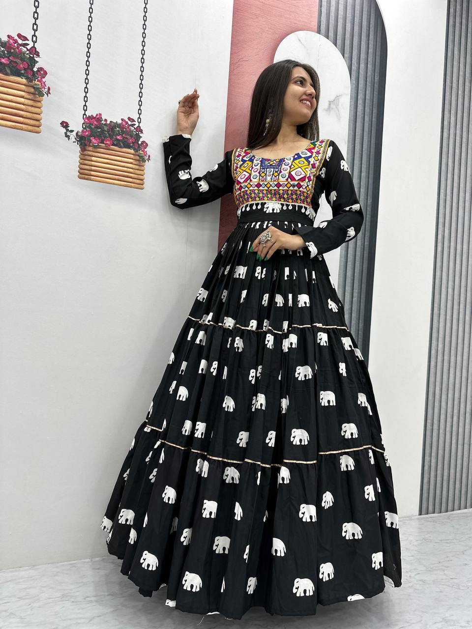 Navratri Wear Black Color Pure Cotton And Embroidery Gamathi Work Designer Gown