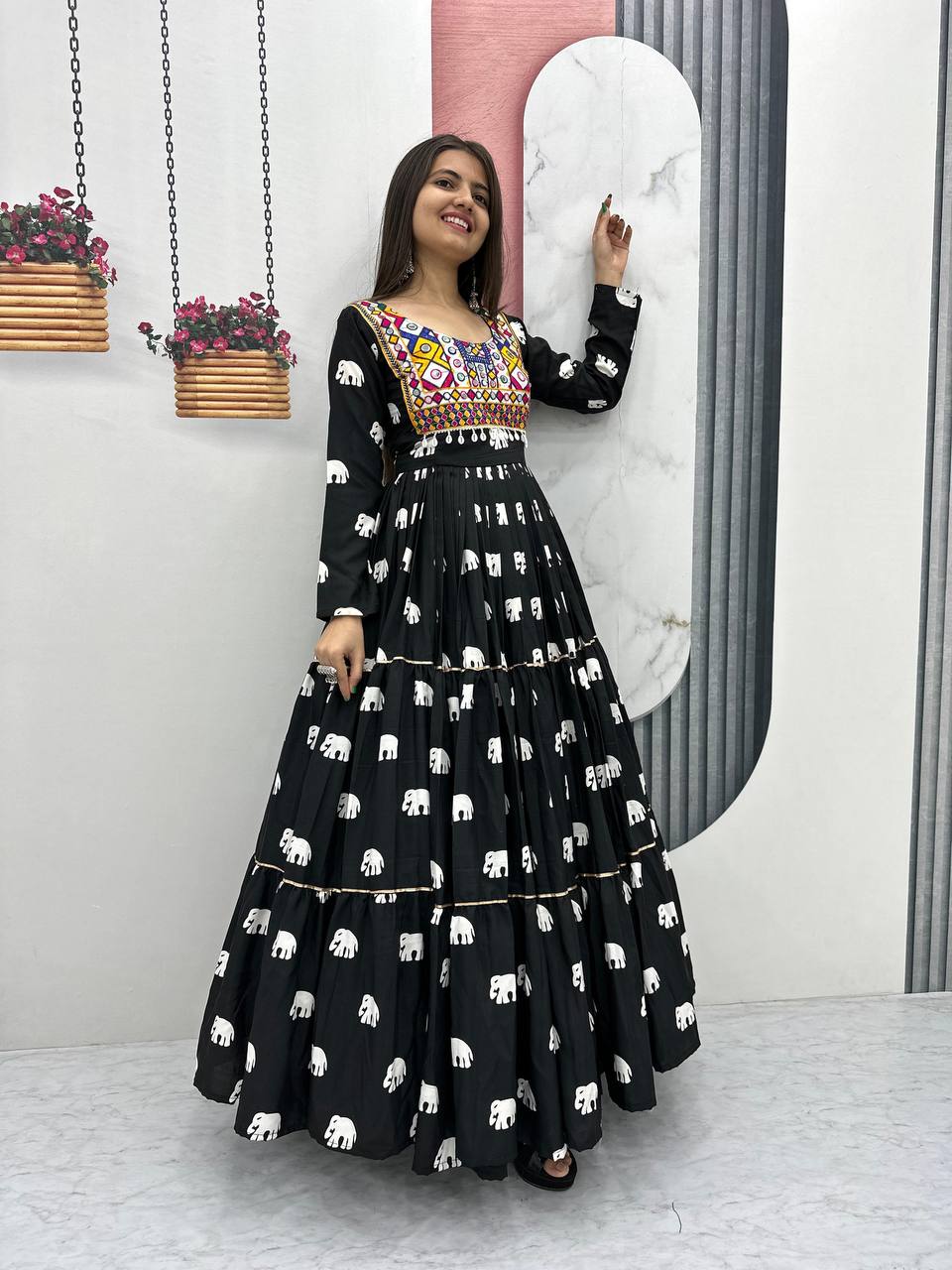 Navratri Wear Black Color Pure Cotton And Embroidery Gamathi Work Designer Gown