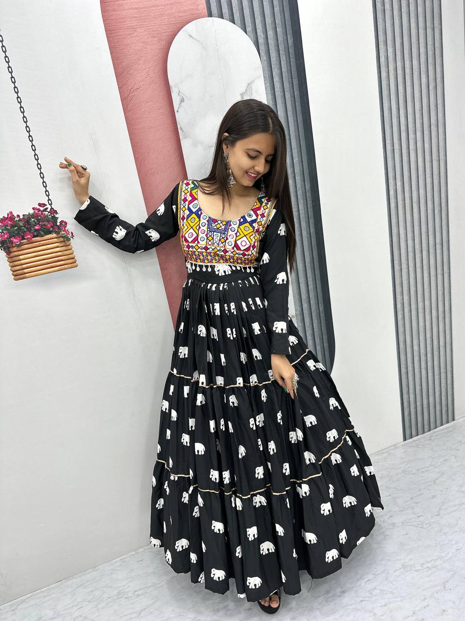 Navratri Wear Black Color Pure Cotton And Embroidery Gamathi Work Designer Gown