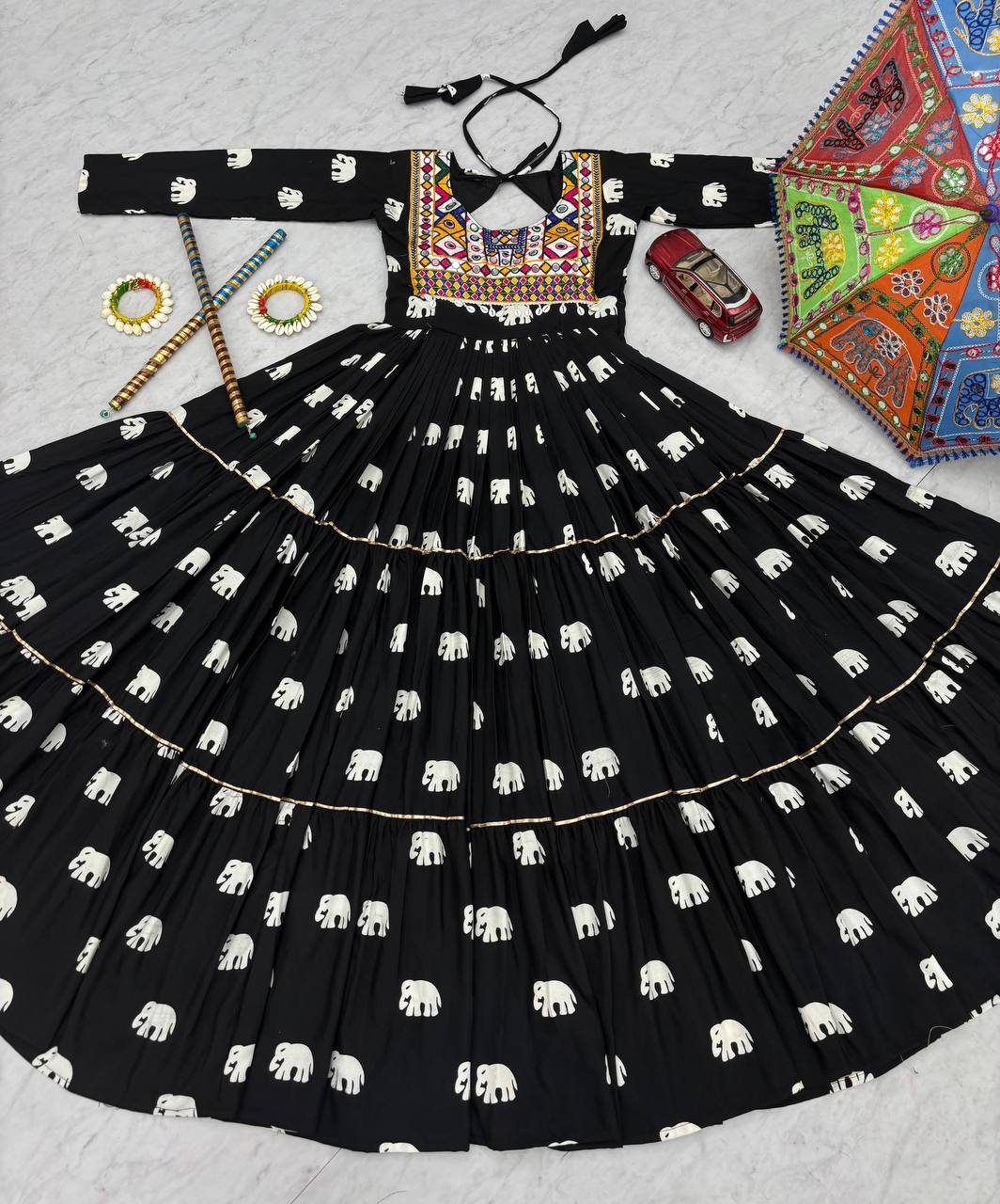 Navratri Wear Black Color Pure Cotton And Embroidery Gamathi Work Designer Gown