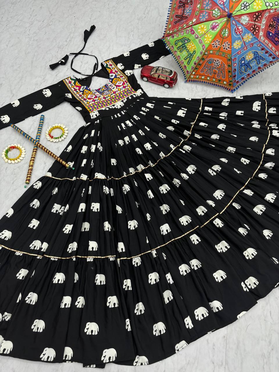 Navratri Wear Black Color Pure Cotton And Embroidery Gamathi Work Designer Gown