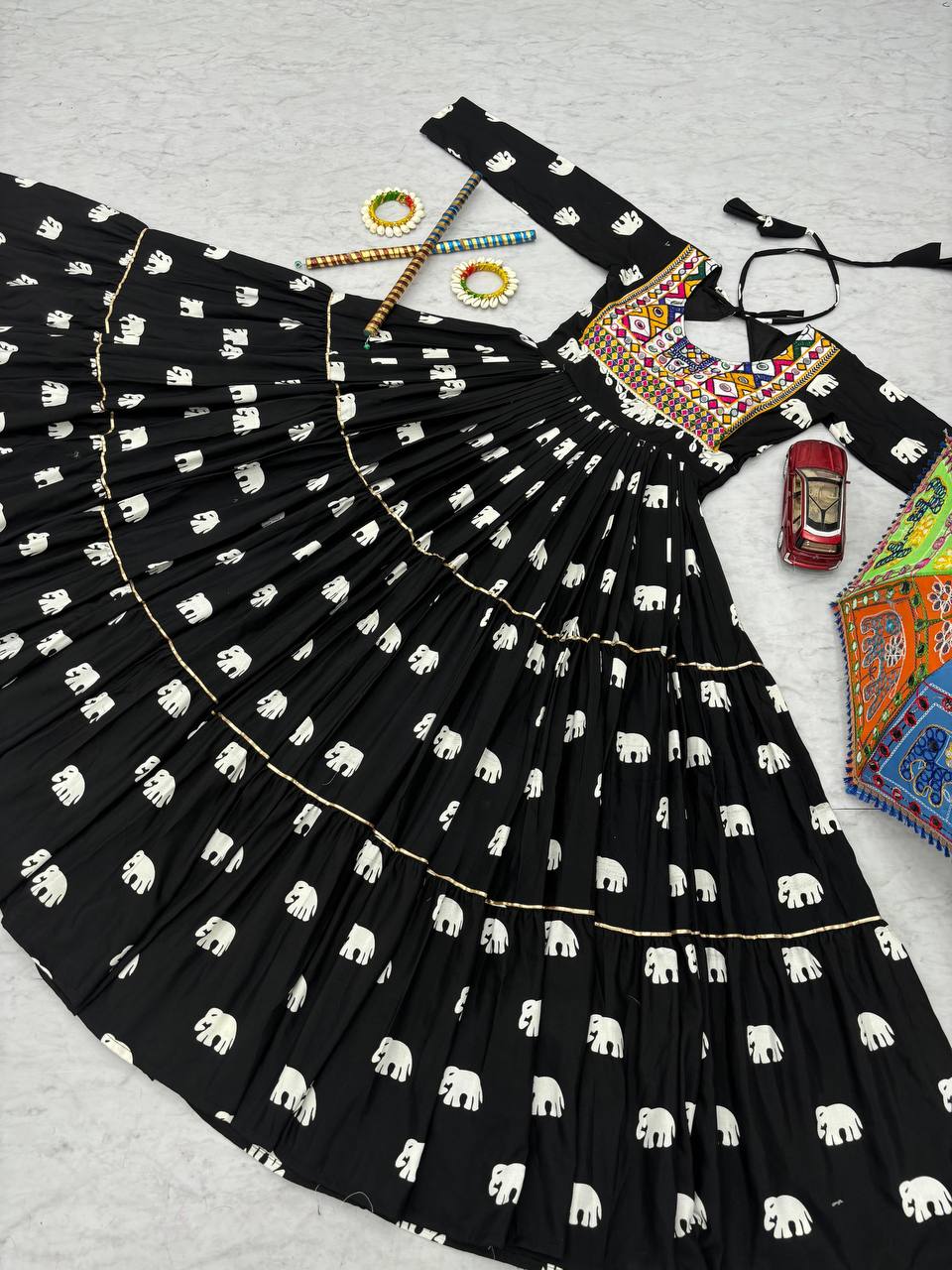 Navratri Wear Black Color Pure Cotton And Embroidery Gamathi Work Designer Gown