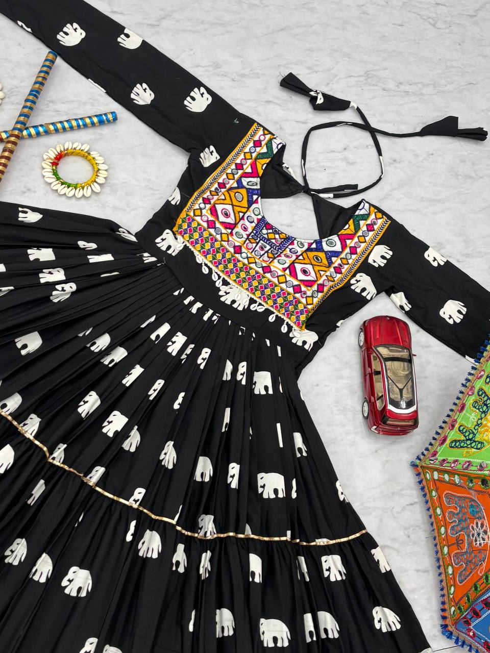 Navratri Wear Black Color Pure Cotton And Embroidery Gamathi Work Designer Gown