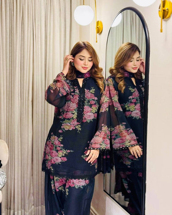 Casual Wear Black Color Pure Faux Georgette With Digital Print Palazzo Suit