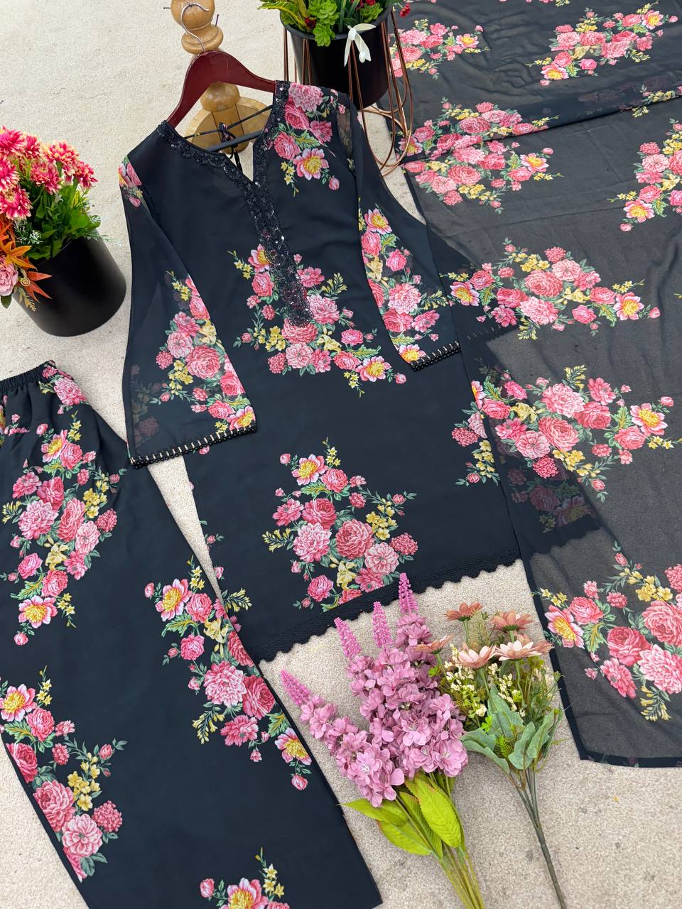 Casual Wear Black Color Pure Faux Georgette With Digital Print Palazzo Suit