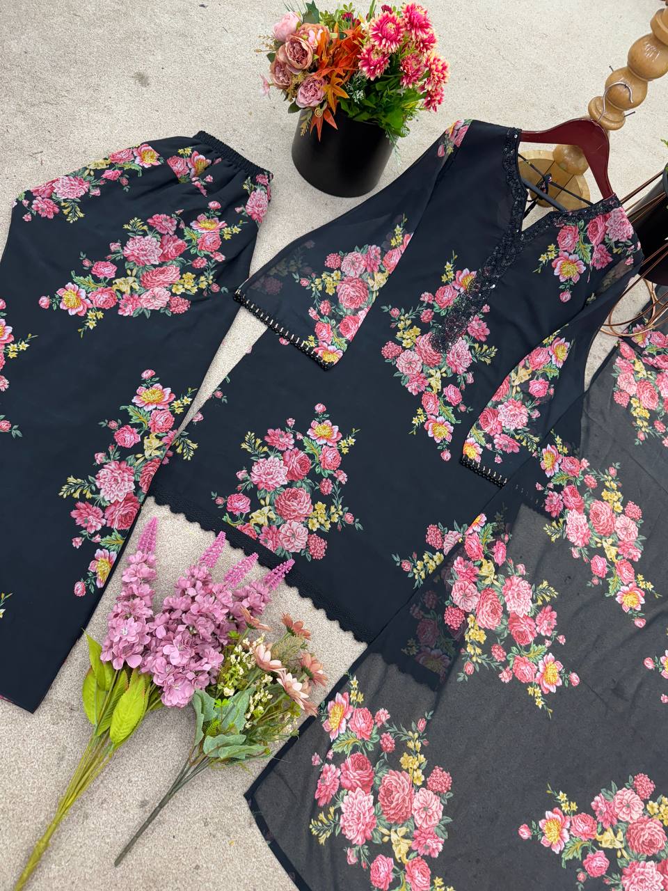 Casual Wear Black Color Pure Faux Georgette With Digital Print Palazzo Suit