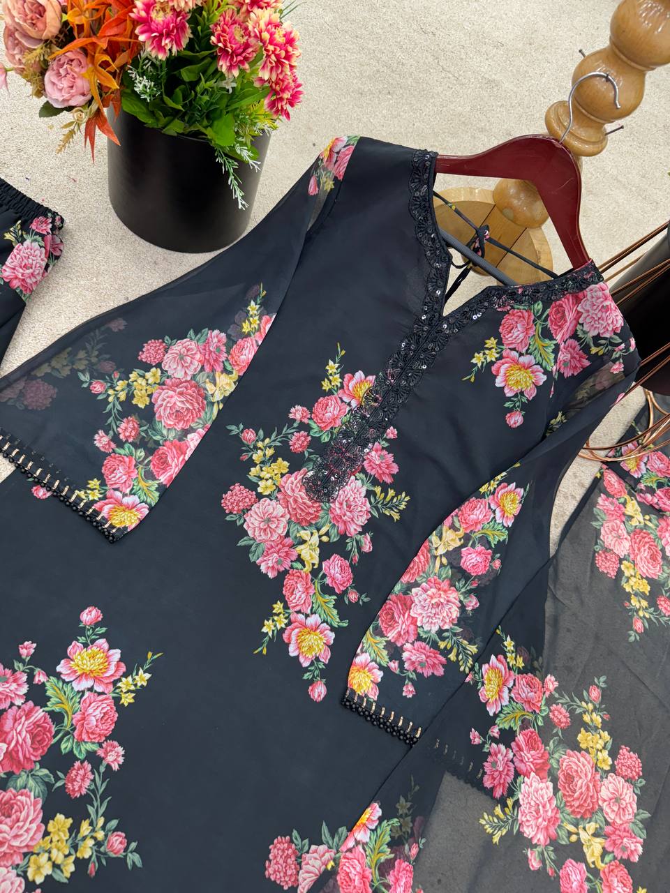 Casual Wear Black Color Pure Faux Georgette With Digital Print Palazzo Suit