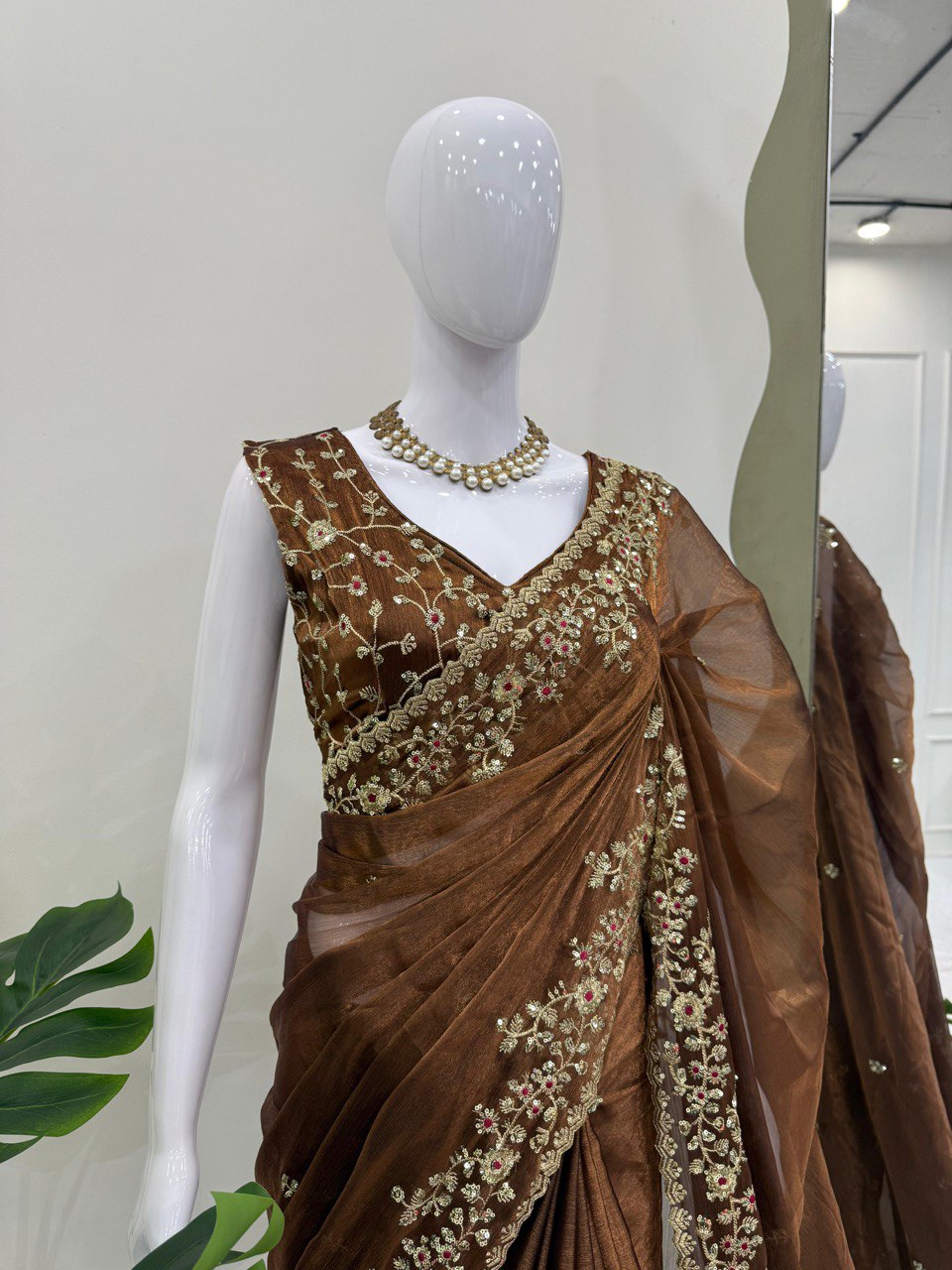 Ceremony Wear Golden Color Barbari Silk Thread With Sequence Work Saree