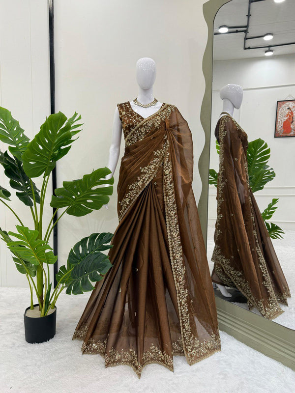 Ceremony Wear Golden Color Barbari Silk Thread With Sequence Work Saree
