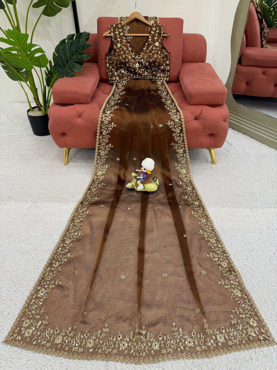 Ceremony Wear Golden Color Barbari Silk Thread With Sequence Work Saree