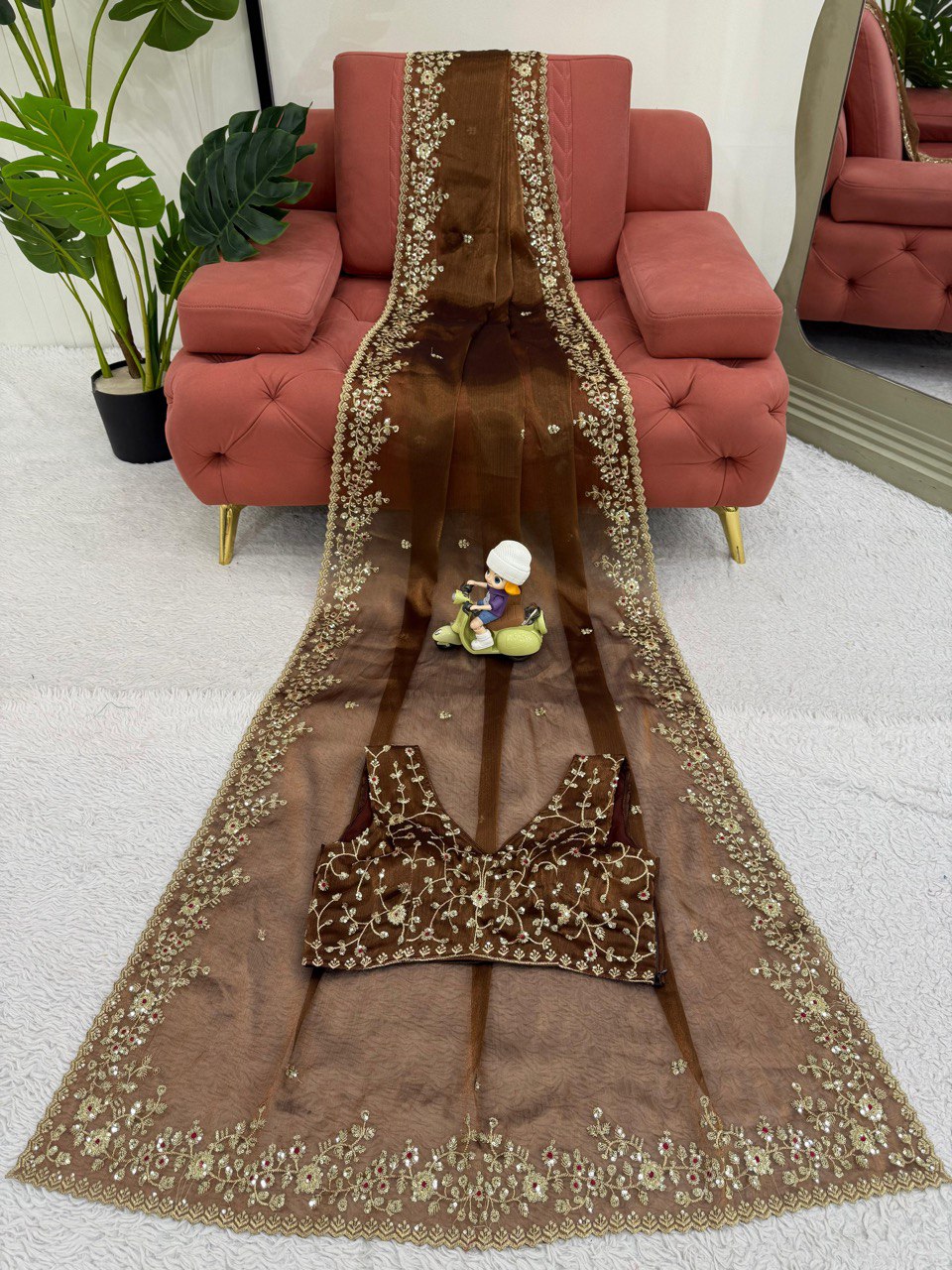 Ceremony Wear Golden Color Barbari Silk Thread With Sequence Work Saree