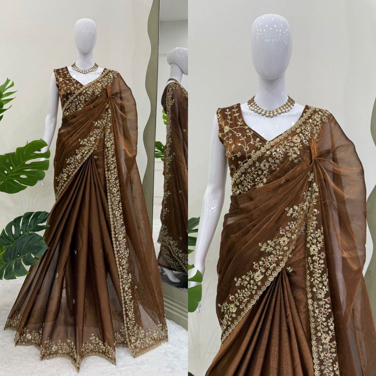 Ceremony Wear Golden Color Barbari Silk Thread With Sequence Work Saree