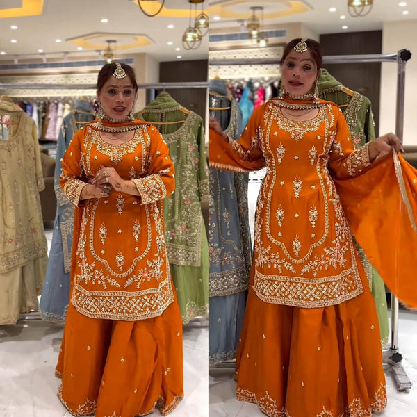 Festive Wear Orange Color Natural Crep Material With Sequence Embroidery Work Sharara Suit
