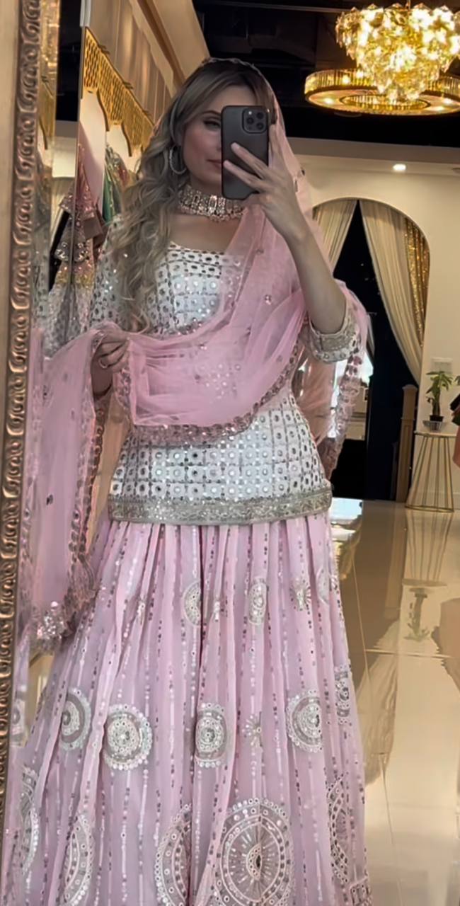 Heavy Embroidered Pink Color Faux Georgette Lehenga with Top And Dupatta