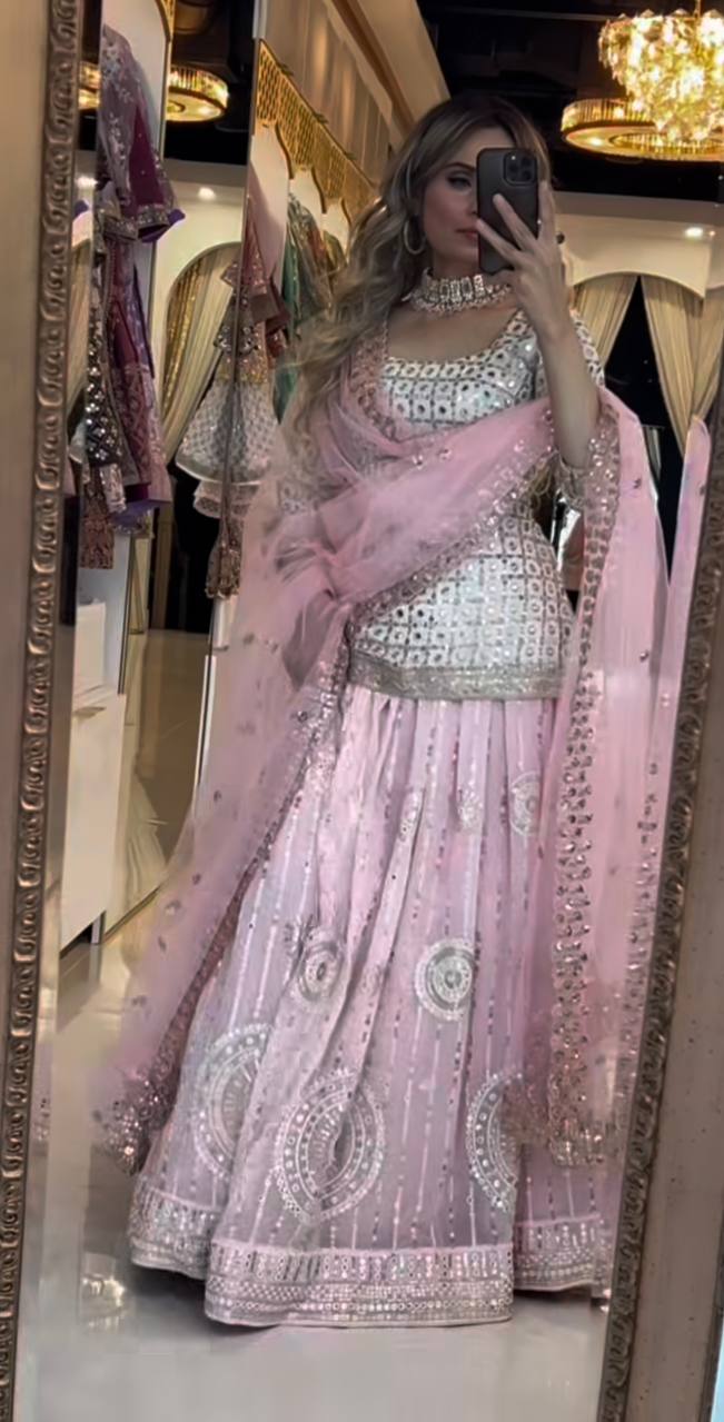 Heavy Embroidered Pink Color Faux Georgette Lehenga with Top And Dupatta