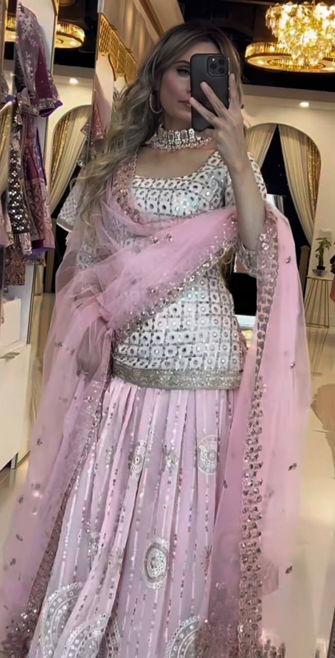Heavy Embroidered Pink Color Faux Georgette Lehenga with Top And Dupatta