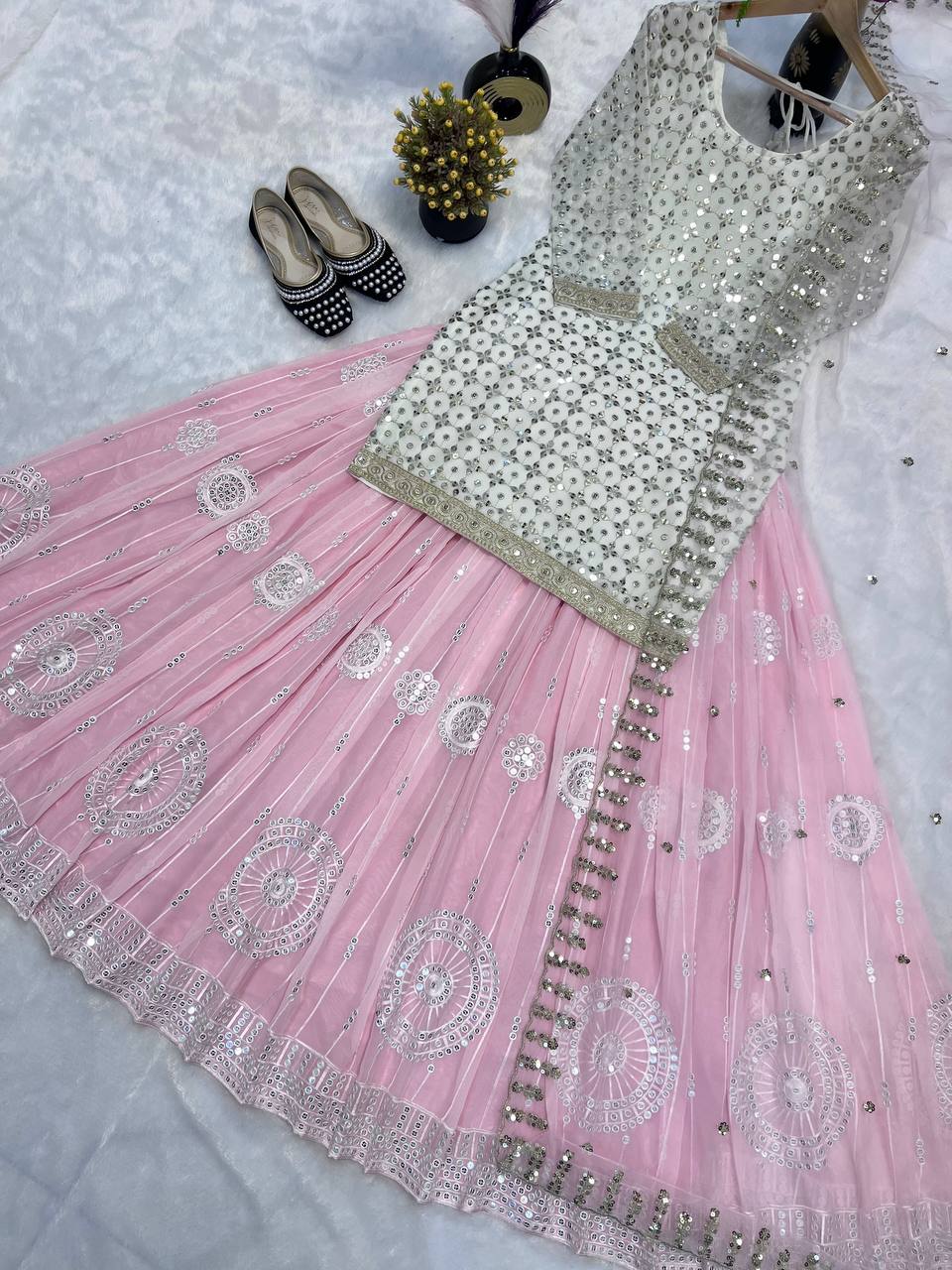 Heavy Embroidered Pink Color Faux Georgette Lehenga with Top And Dupatta