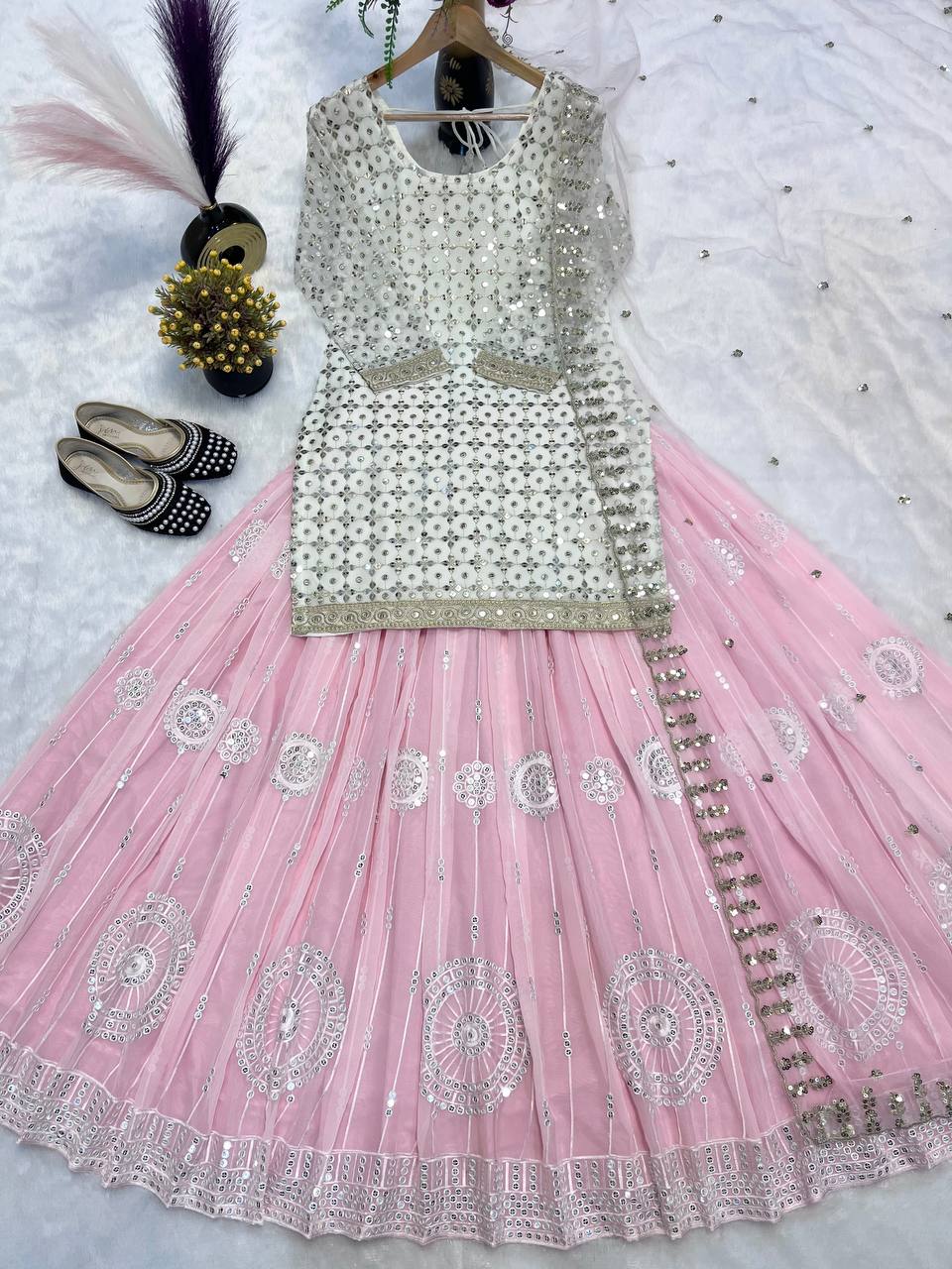 Heavy Embroidered Pink Color Faux Georgette Lehenga with Top And Dupatta