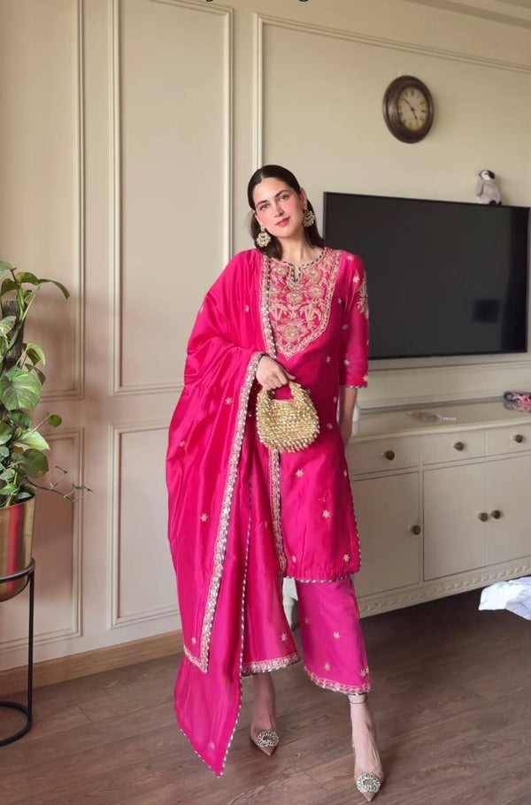 Attractive Pink Color  Malay Satin Silk With Heavy Embroidery Thread Work Palazzo Suit