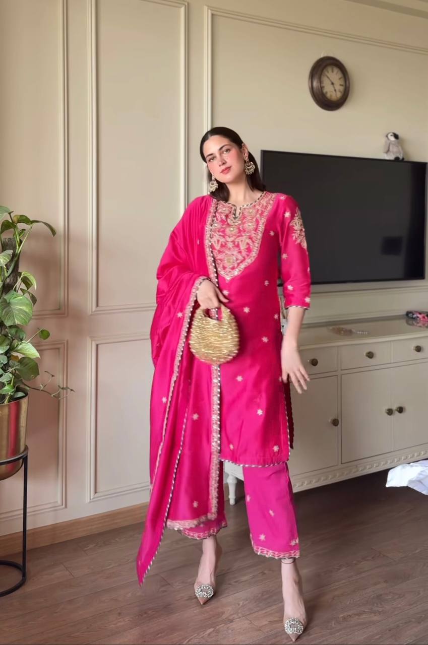 Attractive Pink Color  Malay Satin Silk With Heavy Embroidery Thread Work Palazzo Suit