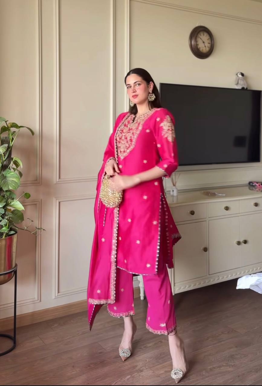 Attractive Pink Color  Malay Satin Silk With Heavy Embroidery Thread Work Palazzo Suit