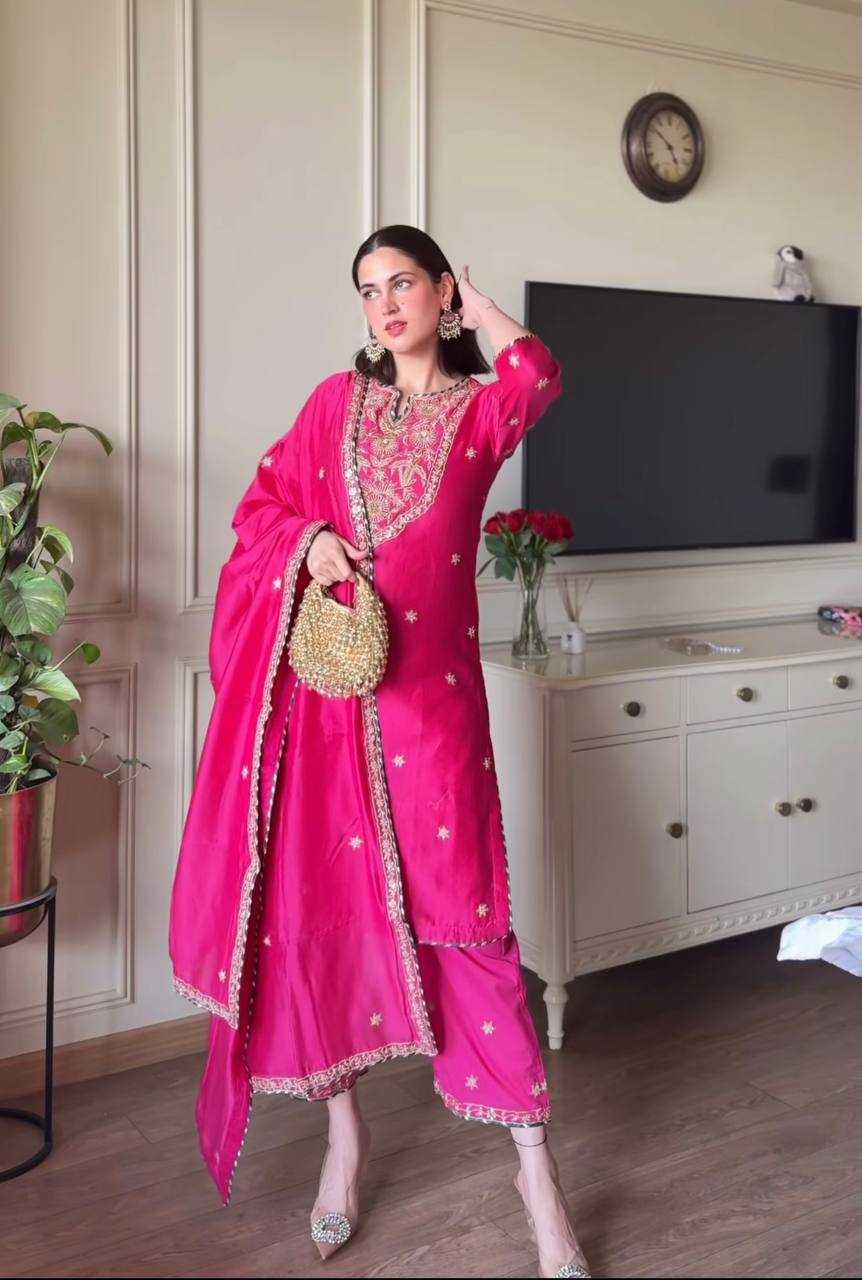Attractive Pink Color  Malay Satin Silk With Heavy Embroidery Thread Work Palazzo Suit
