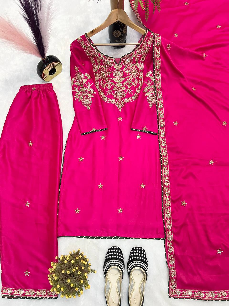 Attractive Pink Color  Malay Satin Silk With Heavy Embroidery Thread Work Palazzo Suit