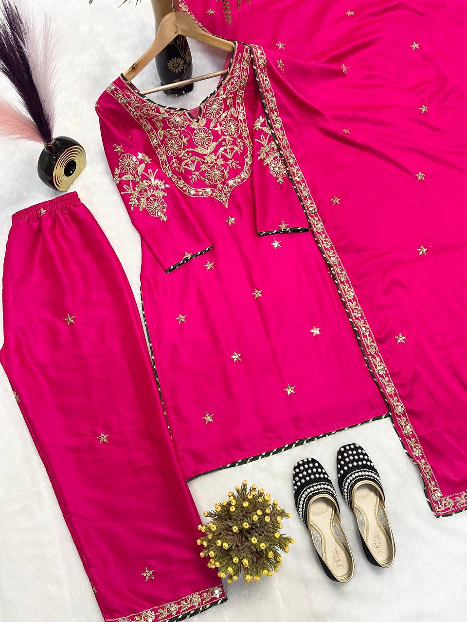 Attractive Pink Color  Malay Satin Silk With Heavy Embroidery Thread Work Palazzo Suit