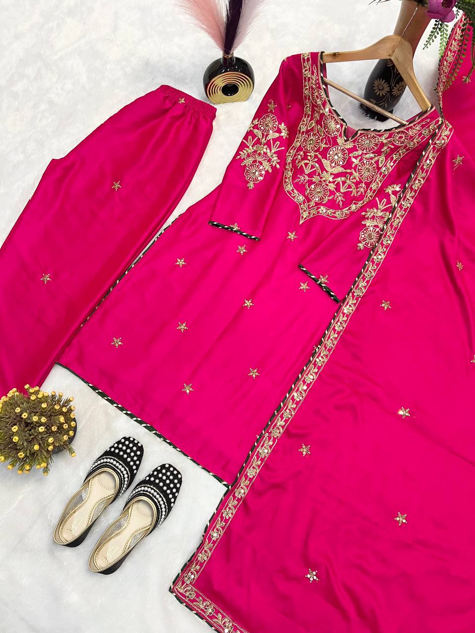 Attractive Pink Color  Malay Satin Silk With Heavy Embroidery Thread Work Palazzo Suit