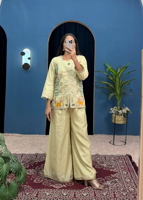 Superhit Trending Cream Color Full Embroidery With Mirror Work Co-Ord Palazzo Set