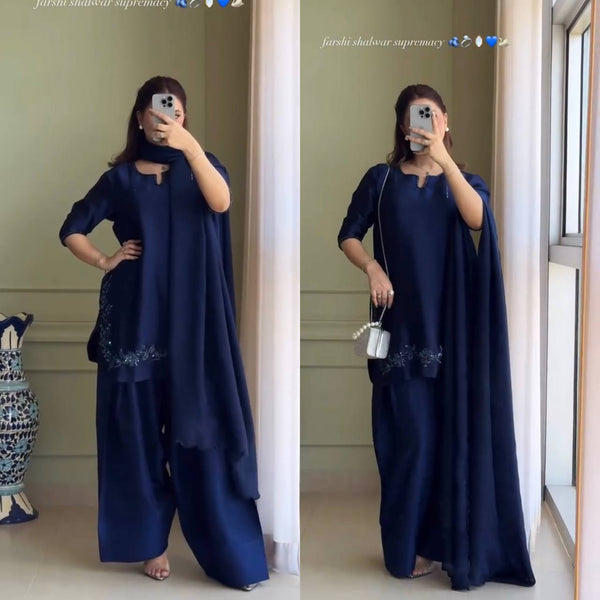 Function Wear Neavy Blue Color Heavy Natural Crep Silk With Bids Hand Work Salwar Suit