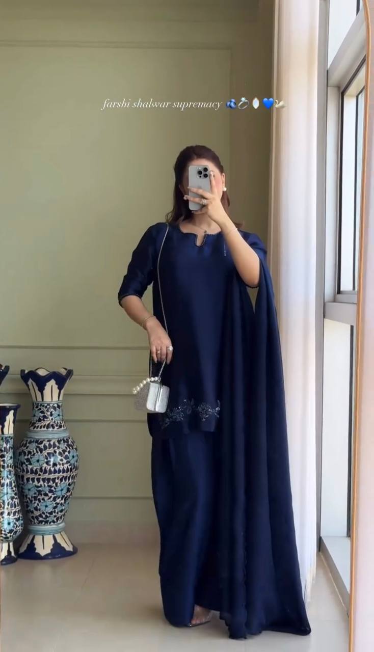 Function Wear Neavy Blue Color Heavy Natural Crep Silk With Bids Hand Work Salwar Suit