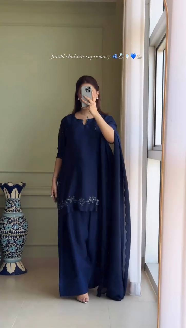 Function Wear Neavy Blue Color Heavy Natural Crep Silk With Bids Hand Work Salwar Suit