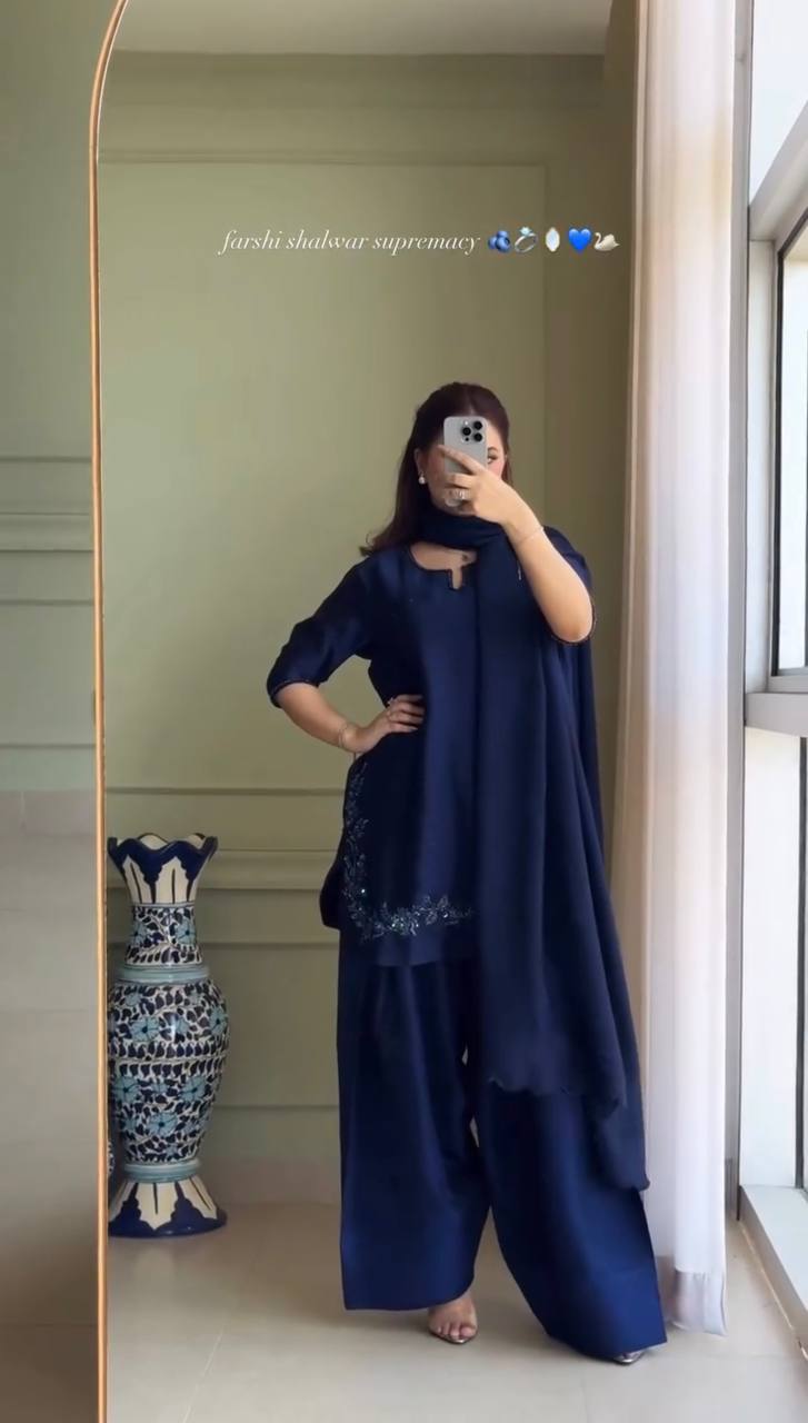 Function Wear Neavy Blue Color Heavy Natural Crep Silk With Bids Hand Work Salwar Suit