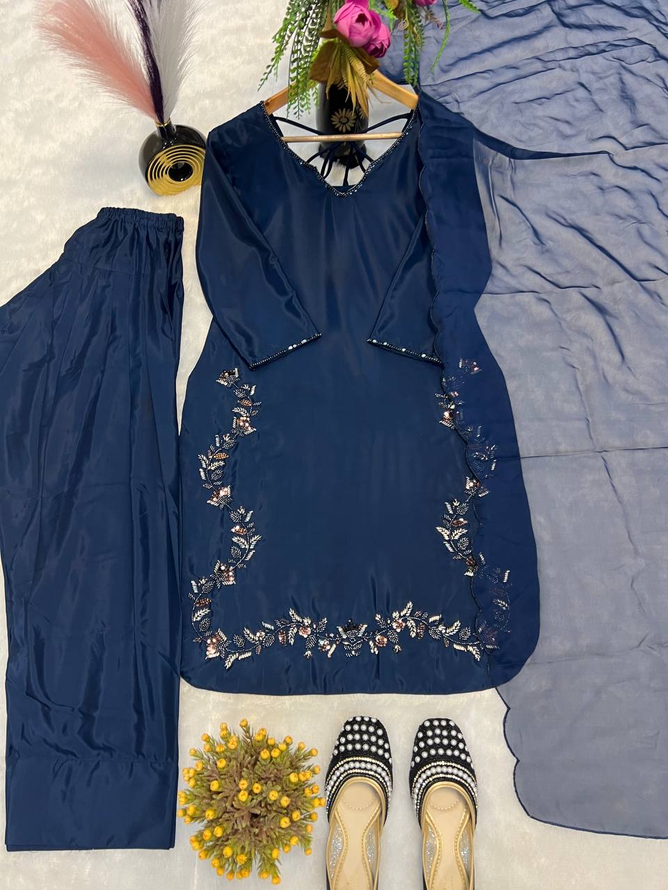 Function Wear Neavy Blue Color Heavy Natural Crep Silk With Bids Hand Work Salwar Suit