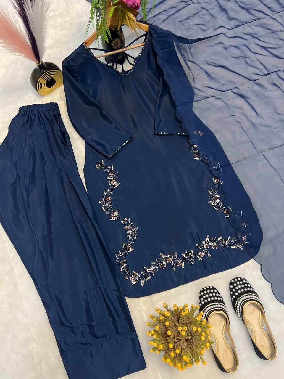 Function Wear Neavy Blue Color Heavy Natural Crep Silk With Bids Hand Work Salwar Suit