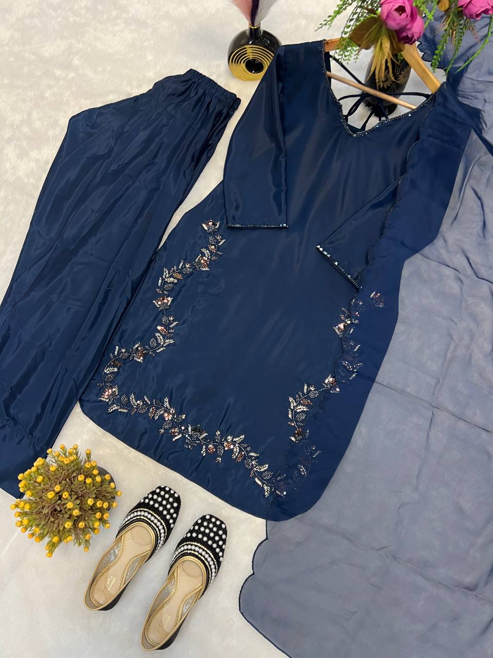Function Wear Neavy Blue Color Heavy Natural Crep Silk With Bids Hand Work Salwar Suit