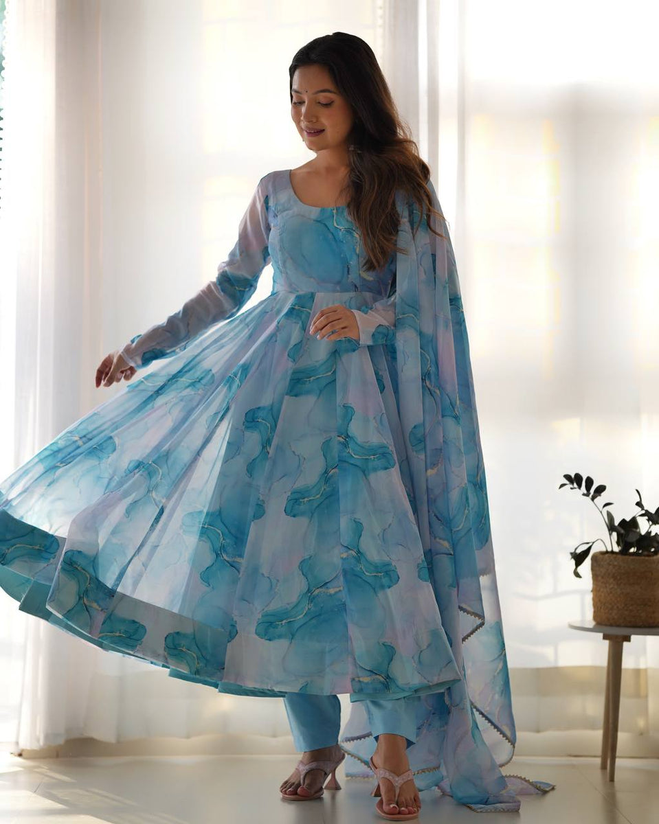 Arti Chauhan Sky Blue Color Organza Silk Anarkali Suit – Vastra Shop