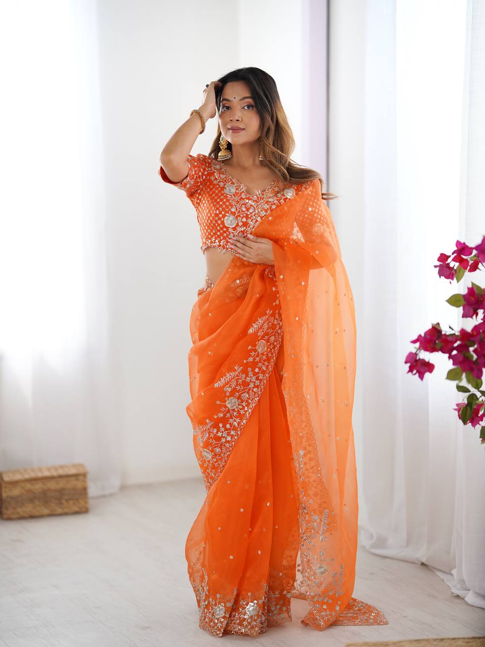 Arti Chauhan Wear Orange Color Organza Silk Saree With Embroidered Blo ...