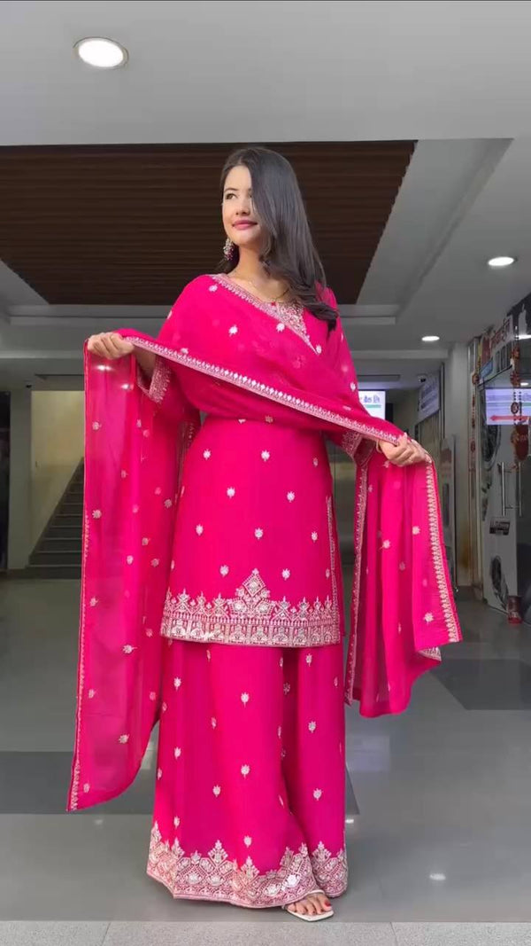 Festive Wear Pink Color Soft Faux Georgette Thread Embroidery With Sequin Work Designer Palazzo Suit