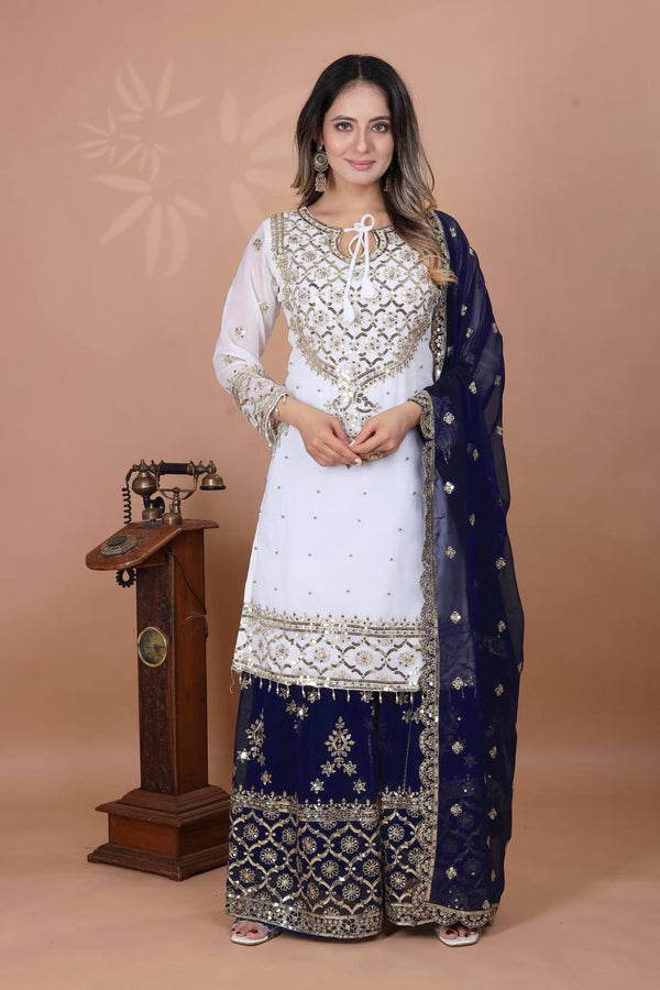 Festive Wear Navy Color Faux Georgette With Embroidery Sequence Work Sharara Suit