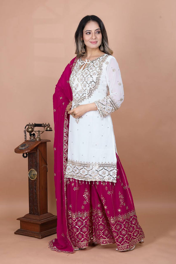 Festive Wear Pink Color Faux Georgette With Embroidery Sequence Work Sharara Suit