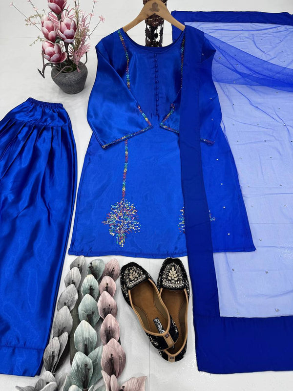 Occasion Wear Heavy Natural Crepe Blue Embroidered Top Palazzo With Dupatta Set