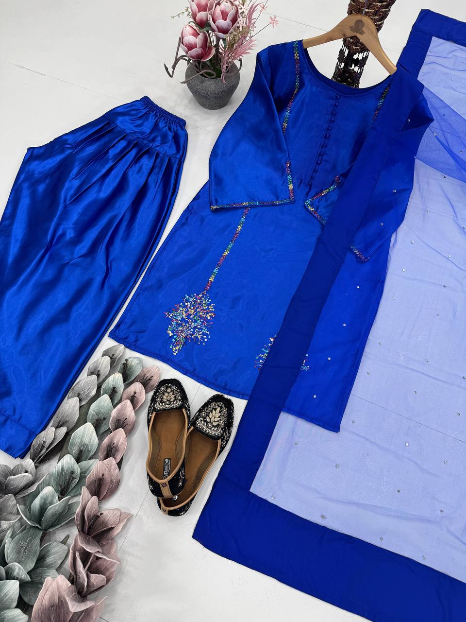 Occasion Wear Heavy Natural Crepe Blue Embroidered Top Palazzo With Dupatta Set