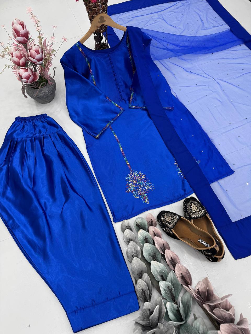 Occasion Wear Heavy Natural Crepe Blue Embroidered Top Palazzo With Dupatta Set