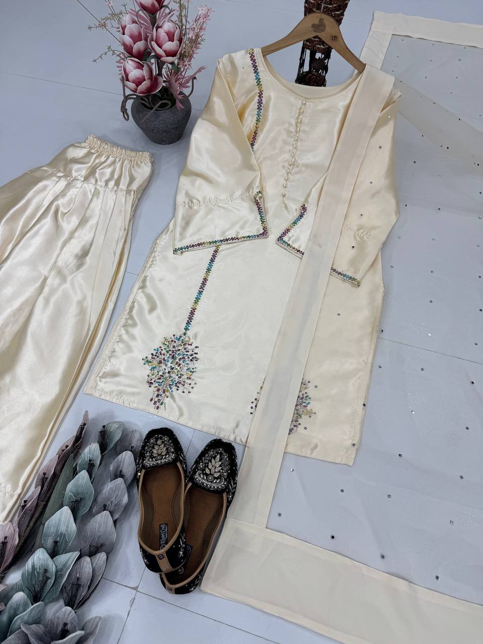 Gorgeous Off White Color Heavy Natural Crepe Embroidered Top Palazzo With Dupatta Set